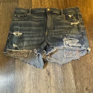 American Eagle Outfitters Dark Blue Distressed Denim Shorts with Floral Patch